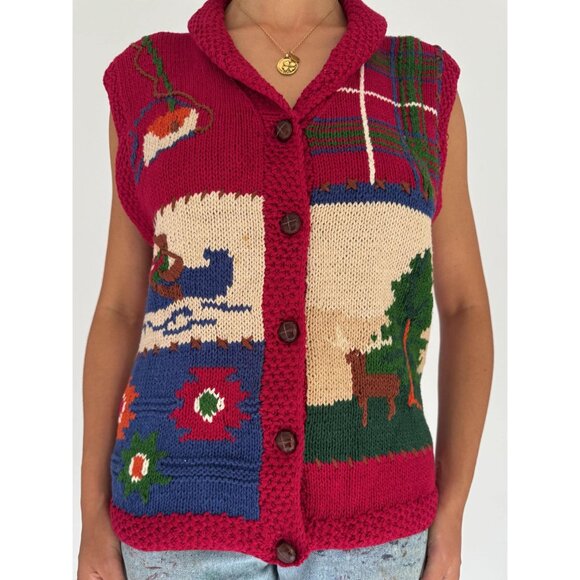 90s vintage outdoor nature print knitted plaid button up hand knit sweater vest - Picture 7 of 9